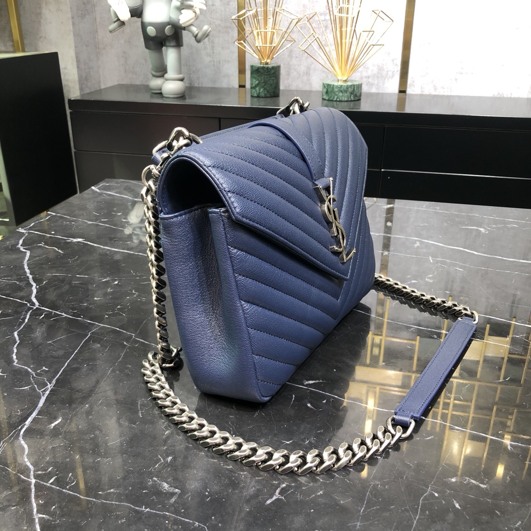 Saint Laurent Lambskin College Handbag Shoulder Bag Navy Blue 600279 Silver